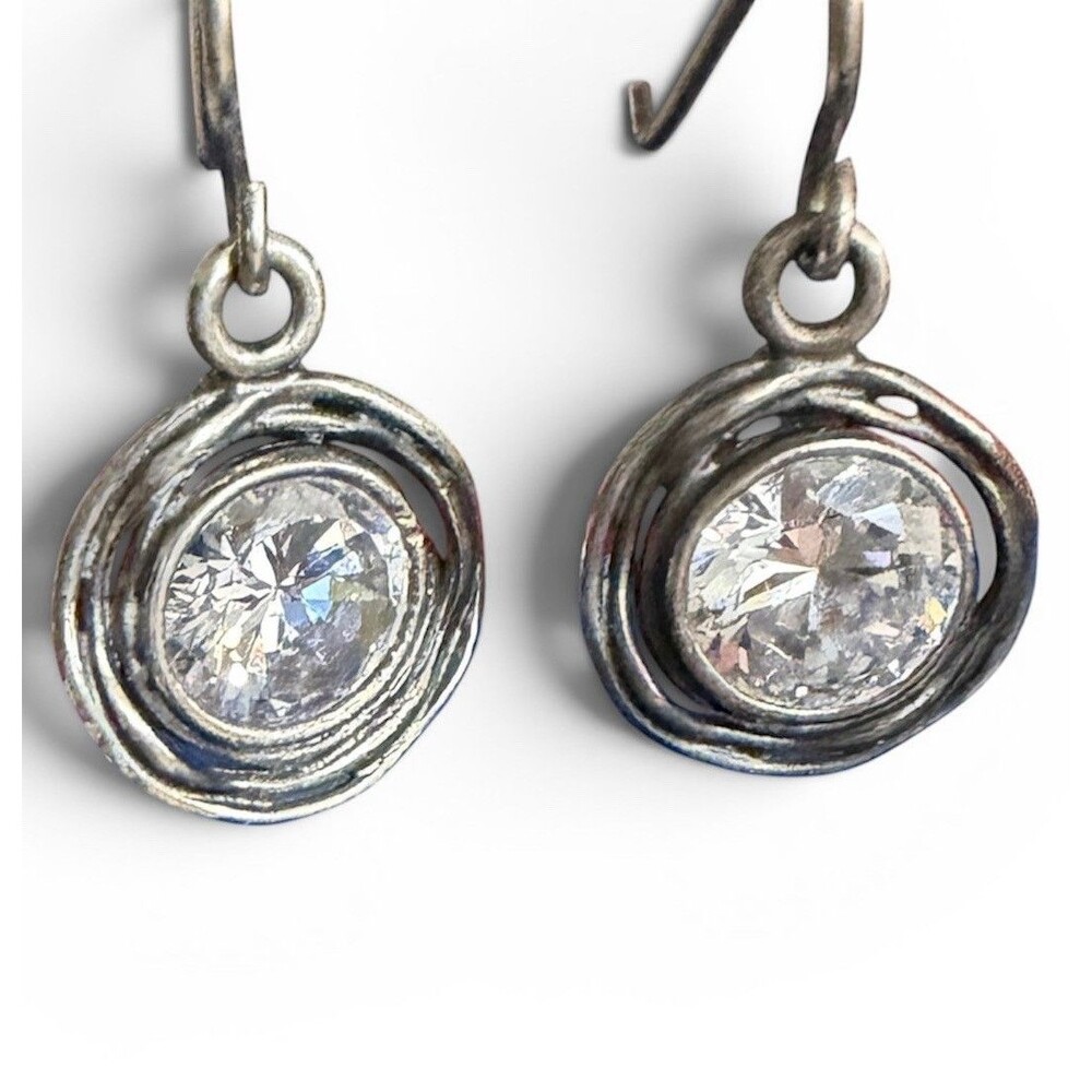 Vintage Israel 925 Sterling Silver Clear Stone Modernist Dangle Earrings